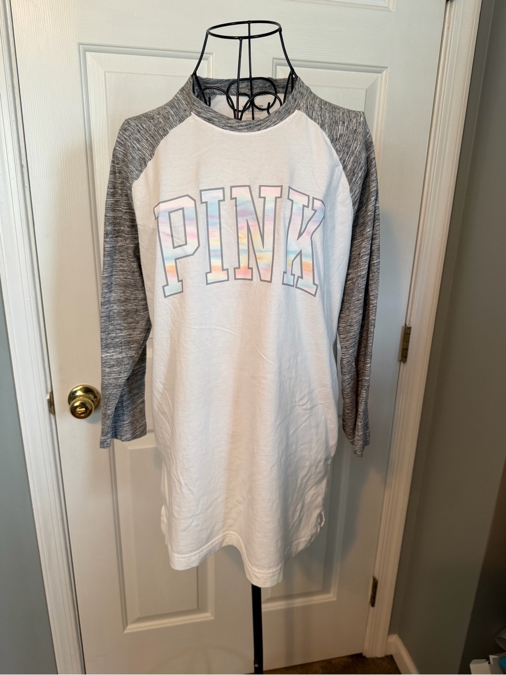 PINK Victoria's Secret White Raglan Tee with Holographic Logo